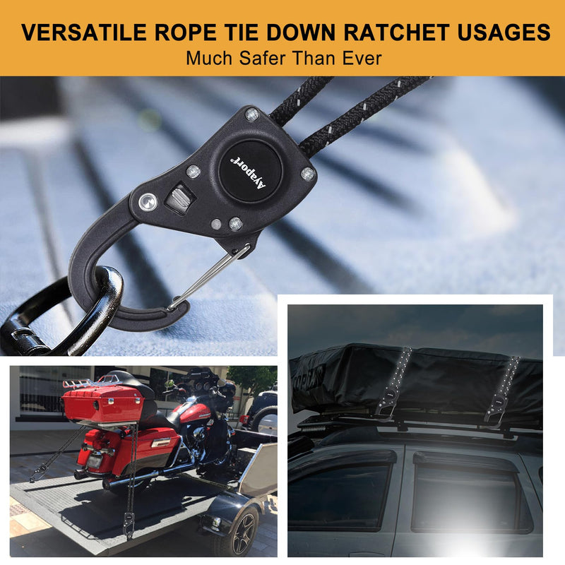 Ayaport Rope Tie Down Ratchet with Carabiner Clip 1/4" x 12' Rope Cord Tightener Heavy Duty Construction Kayak tie Downs for Tent, Tarp, Camping Black 1/4"x12'-2pcs