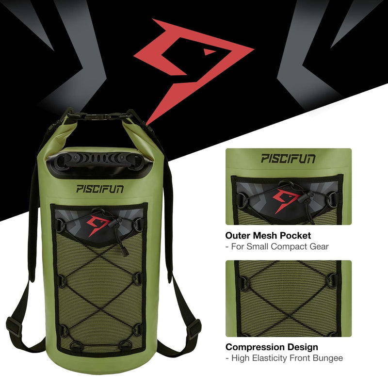 Piscifun Dry Bag, Waterproof Floating Backpack 10L/20L/30L/40L with Waterproof Phone Case for Boating, Kayaking, Fishing Army Green