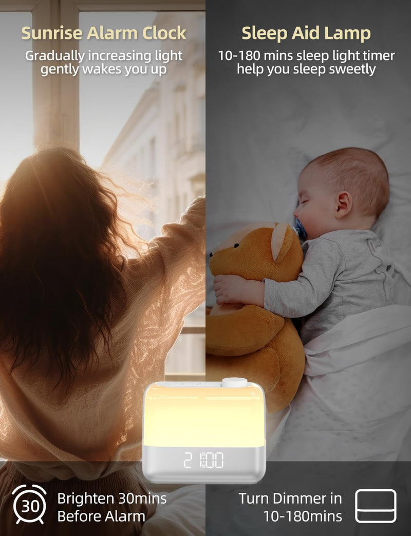 Sunrise Digital Alarm Clock for Bedroom: Wake-up Light, RGB Ambient Night Light, 9-Mins Snooze, 6 Natural Sounds, 7 Volume, Rechargeable Battery, Dual Loud Alarms for Heavy Sleepers (Silver)