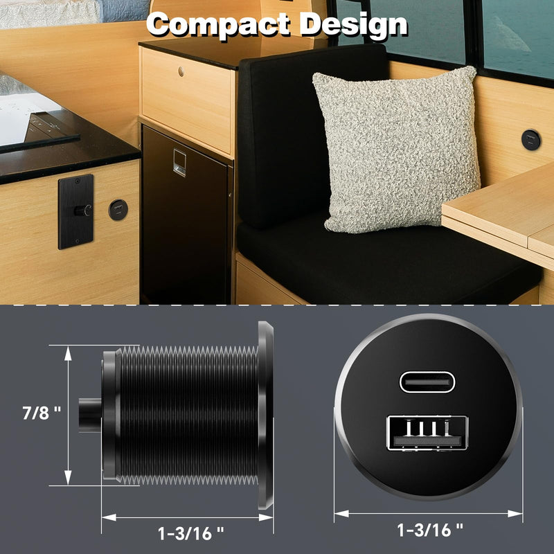 Acegoo RV USB Outlet All-Aluminum Type A + Type C Ports 12V/24V USB Charger, Recessed Mount 24W High-speed Charging Socket, PD3.0 & QC3.0 Fast Charger for Camper Trailer Van Car Boat Golf Cart Small Panel