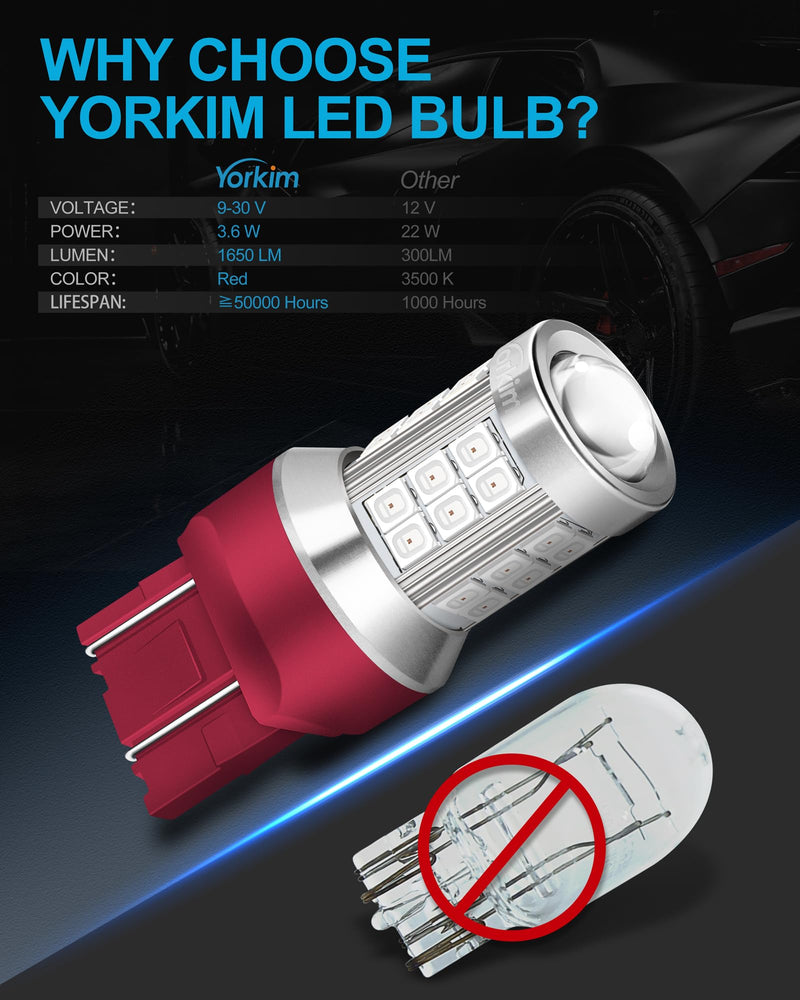 Yorkim 7443 led bulb red, 7440 bulb red 7444na led with Projector Replacement Lamp for Stop Lights Brake、Tail Light, pack of 2 Red pack of 2