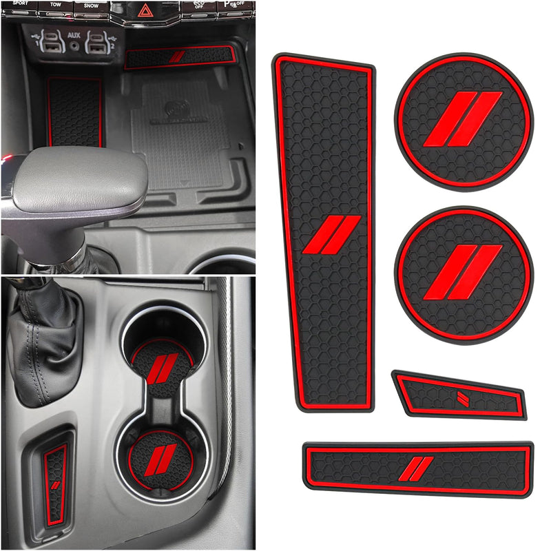 Cup Holder Inserts for Dodge Durango Accessories 2021 2022 2023 2024 2025 2026 Center Console Mat Custom Fit Silicone Cup Liners Pads Interior Decoration (5pcs/Set, Red) 2021+