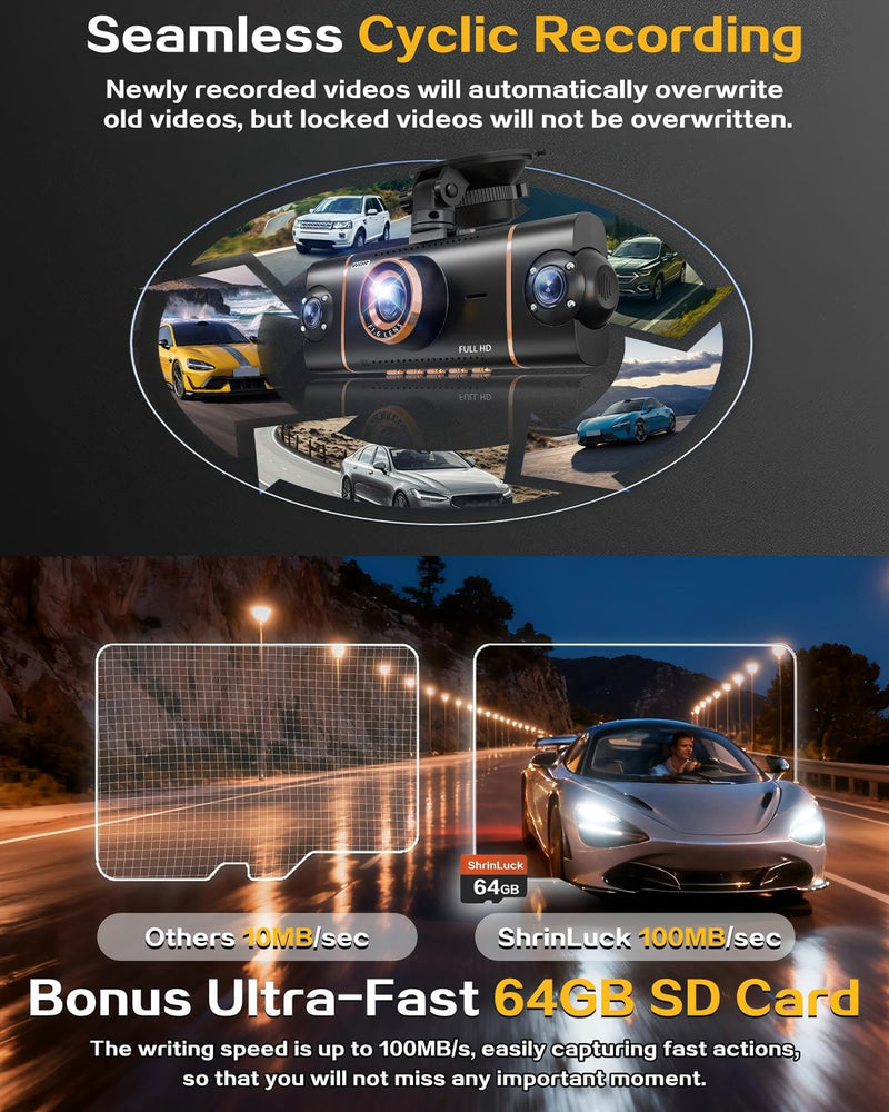 4K Dash Cam Front and Rear, WiFi Dash Camera for Cars with App | 4K+1080P*3 FHD Dash Cam, 64G Card Included, G-Sensor Emergency Lock, 8 IR Lamps Night Vision, 24H Parking Monitor, Black