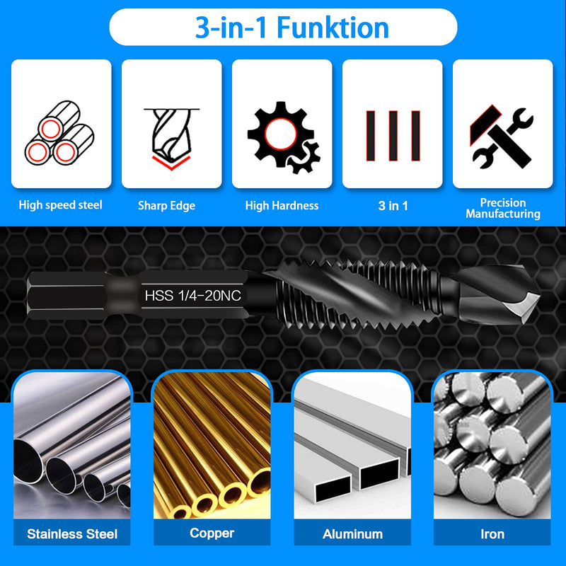 Drill & Tap Bits Set of 13 pcs - 6 SAE Sizes: 6-32NC to 1/4-20NC, 6 Metric Sizes: M3 to M10 and a Quick-Change Adapter – Combine Drilling Tapping Threading Countersinking Functions in One Bit, Black 13 Pcs Tap Set