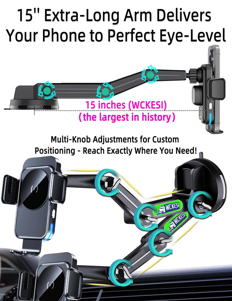 Wireless Car Charger Phone Holder Mount for Truck, 15W Fast Charging | 15-Inch Long Arm, Heavy Duty Trucks and Pickup Accessories, Strong Vacuum Dashboard & Windshield Mount, for iPhone Samsung LG TRUCK-1