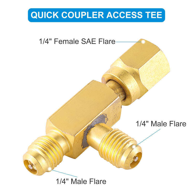 Quick Coupler Access Tee, 1/4'' Valves Core Quick Coupler Tee Adapter with Swivel Connector for Gauge Deep Vacuum Pump Manifold 2PC