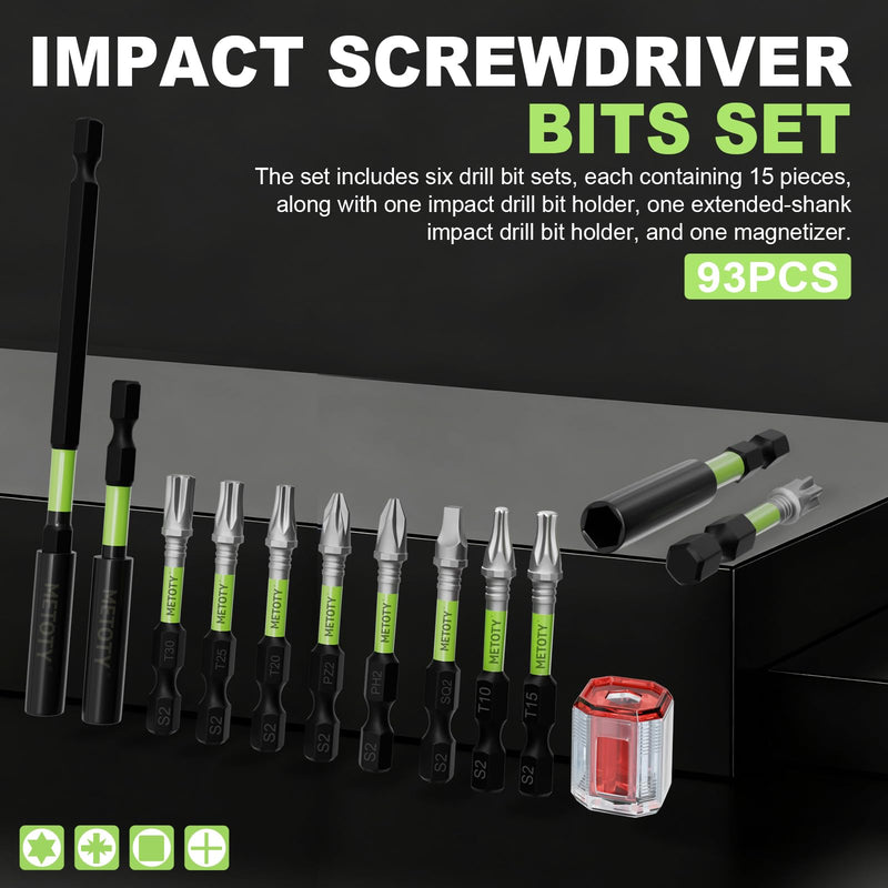 Magnetic Screwdriver Bit Set, 93-Piece Impact Ready S2 Steel Driver Bits with Magnetizer, Extension Bars, for Automotive, Repair & DIY Projects (PH/PZ/SQ/T/Torx) Mixed-93PCS (with Storage Box)