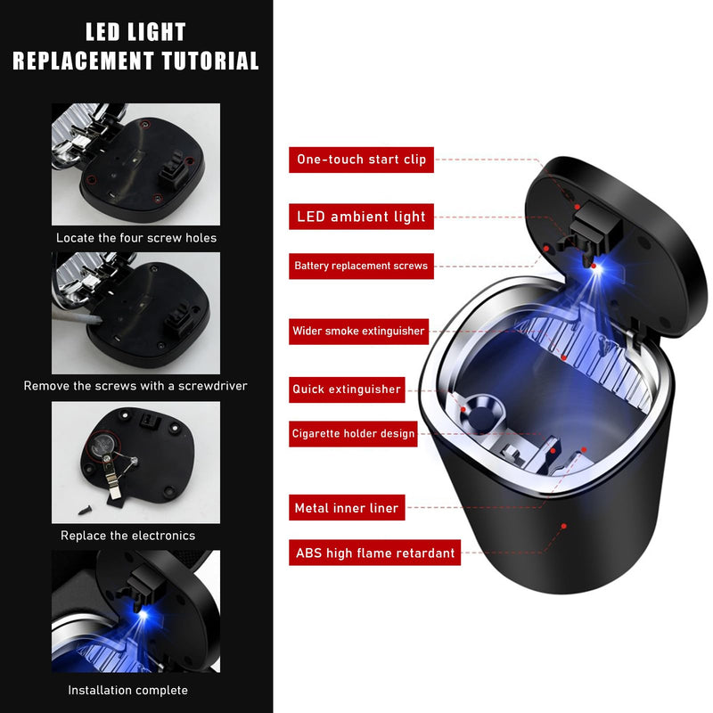 Car Ashtray, Detachable Stainless Steel Smokeless Ash Tray with LED Blue Light, Auto Ashtray with Lid Smell Proof Weed for Most Vehicles, Universal Interior Car Accessories