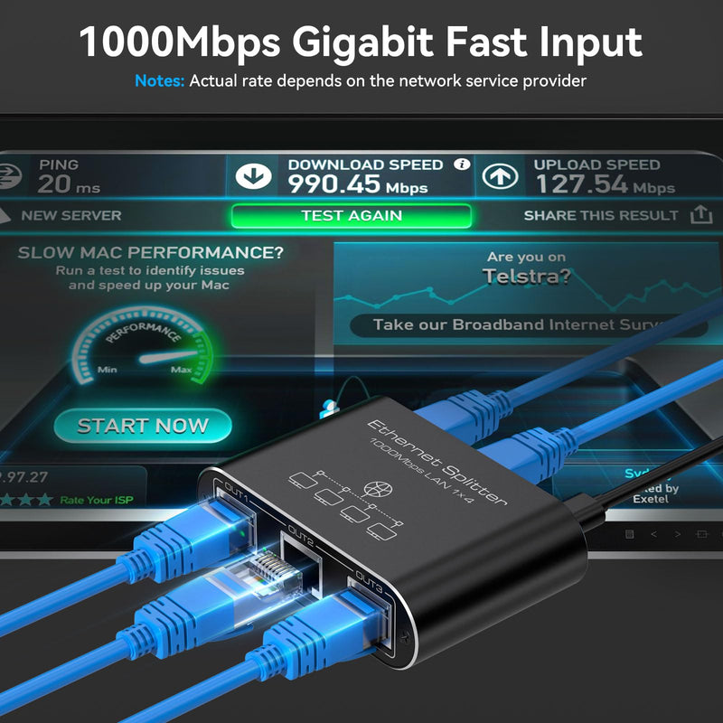 Ethernet Splitter 1 to 4 1000Mbps Internet Splitter Supports Simultaneous Networking of 4 Devices Works with Cat5/5e/6/7/8 Cable Ethernet Splitter 1 to 4