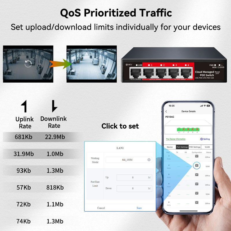 STEAMEMO 5 Port PoE+ Switch | Easy Smart Managed Ethernet Switch | Support VLAN, QoS | 52W Total PoE Budget | Fanless Metal | Plug & Play (Desktop/Wall Mount) 5 Ports|52W 4xPoE+