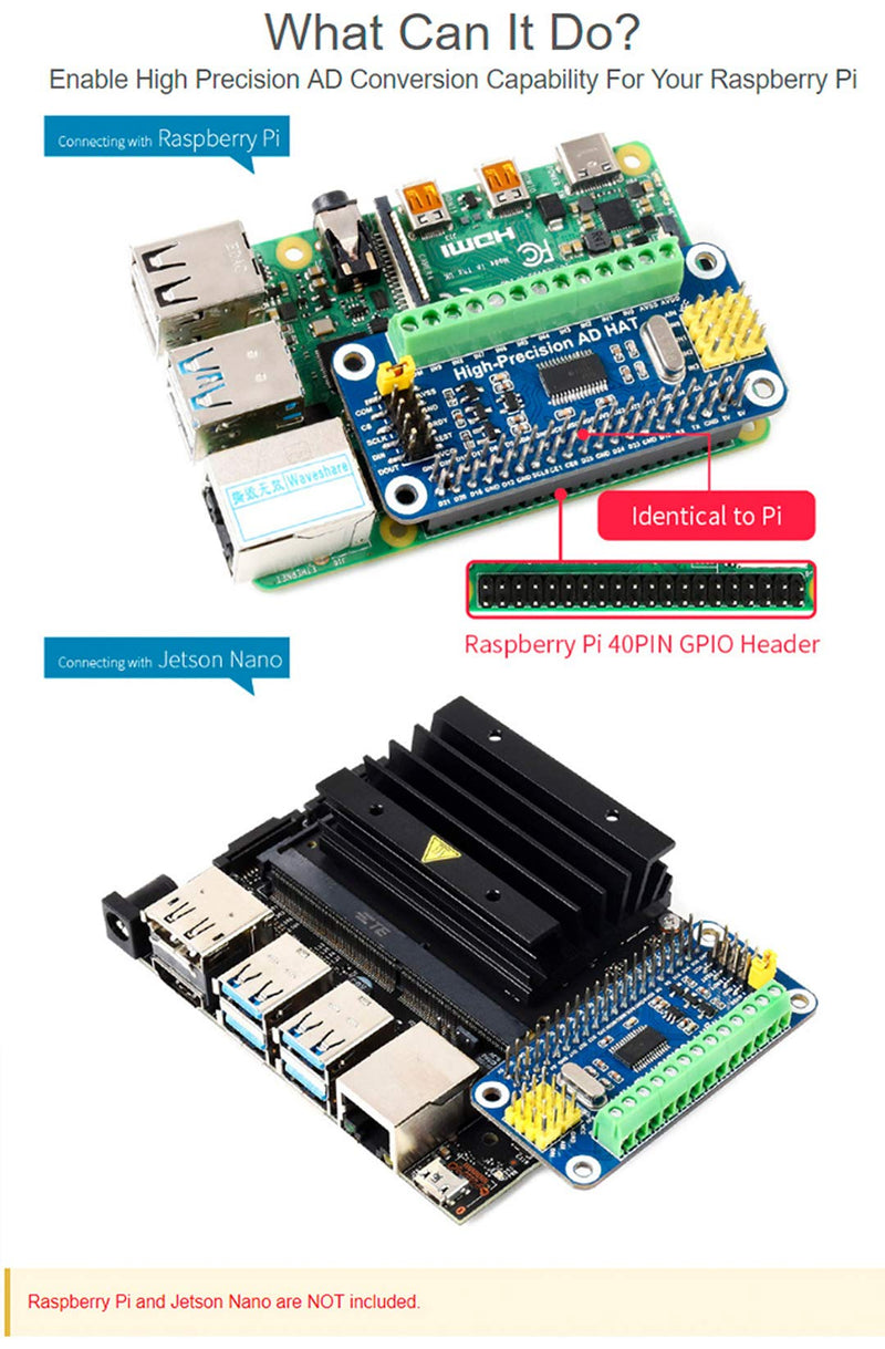 High-Precision AD HAT ADS1263 10-Channel 32-Bit ADC SPI Bus Low Noise Low Temperature Drift,for Raspberry Pi 4B/3B+/3B/2B/Zero/Zero W/Zero WH/2W and Jetson Nano AD HAT for Pi