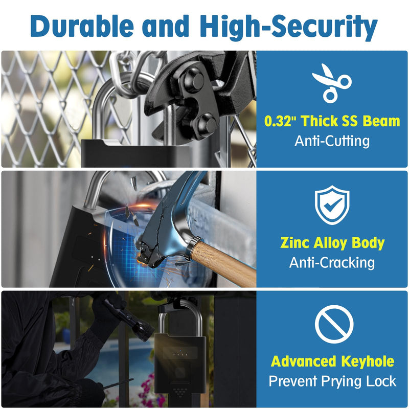 Fingerprint Padlock,Heavy Duty Smart Padlock with Key, Waterproof Bluetooth App Control,Outdoor Gate Lock for Fence, Shed, Storage, Gym Locker
