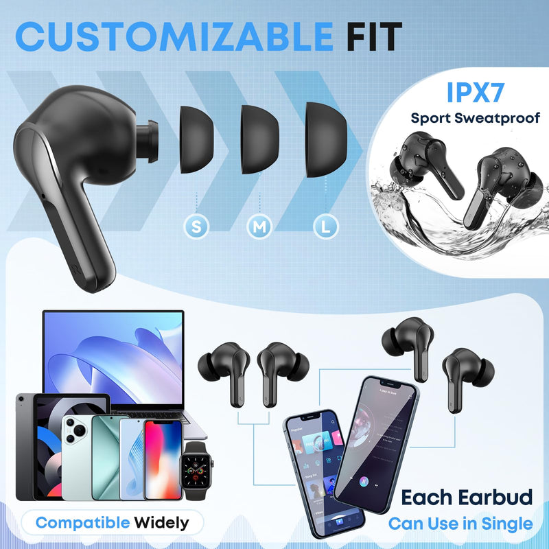 Wireless Earbuds Bluetooth 5.4 Headphones, Noise Cancelling Mic Ear Buds with 50H Playback, LED Digital Display, IPX7 Waterproof Earphones for Office/Running/Workout Jet Black