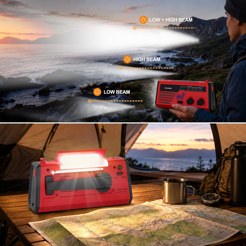 Peakeep NOAA Emergency Weather Radio Alert with Crank Solar Battery Powered | Portable Radio AM FM, Rechargeable Battery Backup, SOS, Flashlight Lamp USB Port for Home Outdoor Camping Storms Blackouts Red with Black