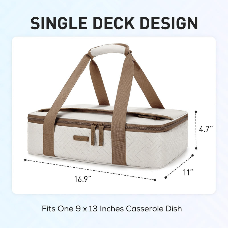 TOURIT Insulated Casserole Carrier for Hot or Cold Food Thermal Food Carrier for Picnic Cookouts Potluck Parties Fits 9" x 13" Baking Dish Beige Standard 16.93 x 11.02 x 4.72inch