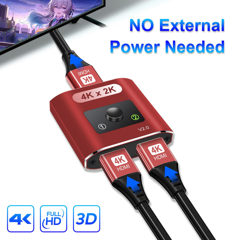 HDMI Switch Splitter 4K@60Hz, Aluminum Bi-Directional HDMI 2.0 Switcher, HDMI Splitter 1 in 2 Out/ 2 in 1 Out, Support 4K 3D HDR for Xbox, PS5/4/3, Fire Stick, Roku, HDTV, Projector, Computer(red)