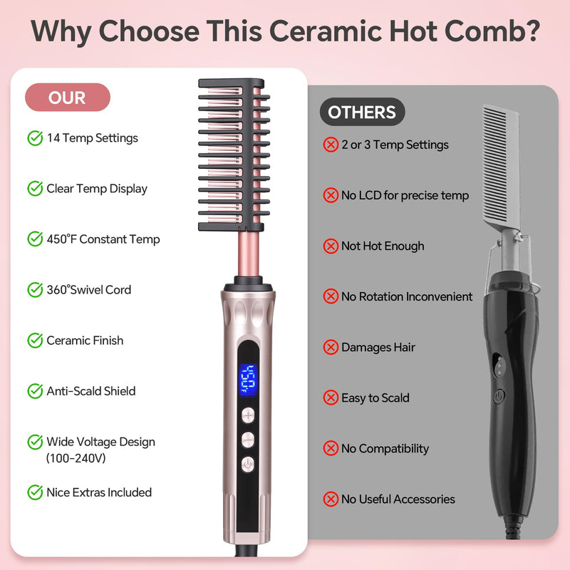 Hot Comb for Wigs & Afro Hair, Ceramic Heated Straightening Brush | with 14 Heat Settings, Anti-Scald, Auto Shut Off, Dual Voltage Travel Hair Straightener for Black Women Styling