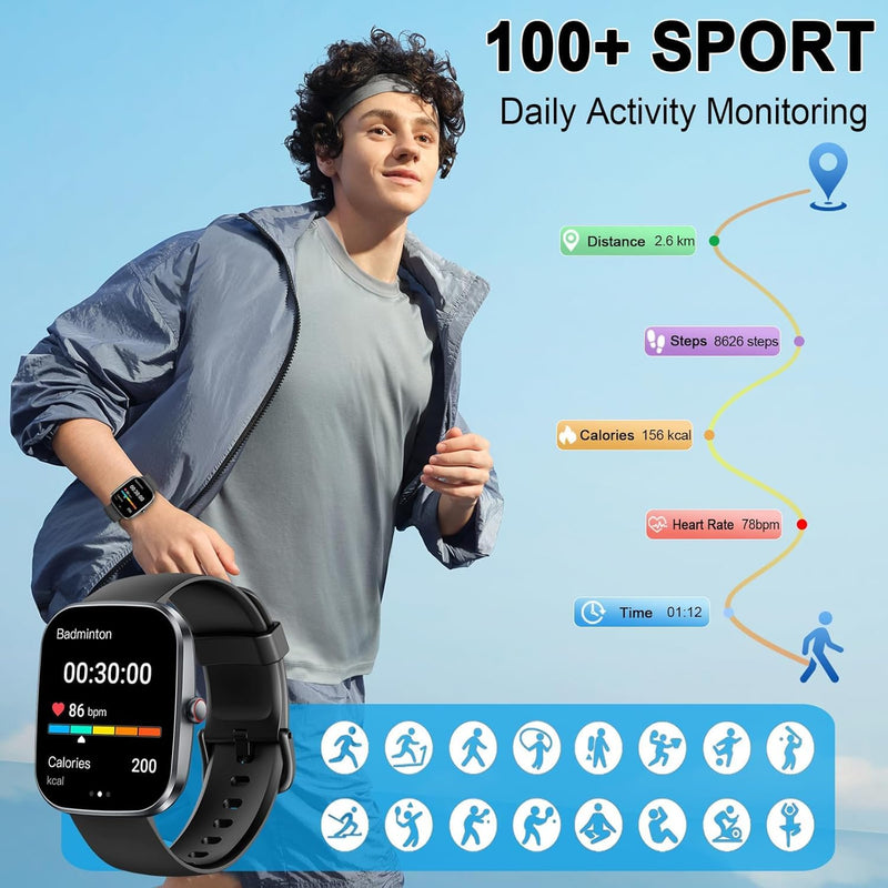 Smart Watch for Men Women, 1.91" HD Touch Screen Smart Watch Answer/Make Calls, Fitness Watch with Heart Rate/Sleep Monitor,100+ Sport Modes Fitness Tracker, IP68 Waterproof Smartwatch for Android iOS Black