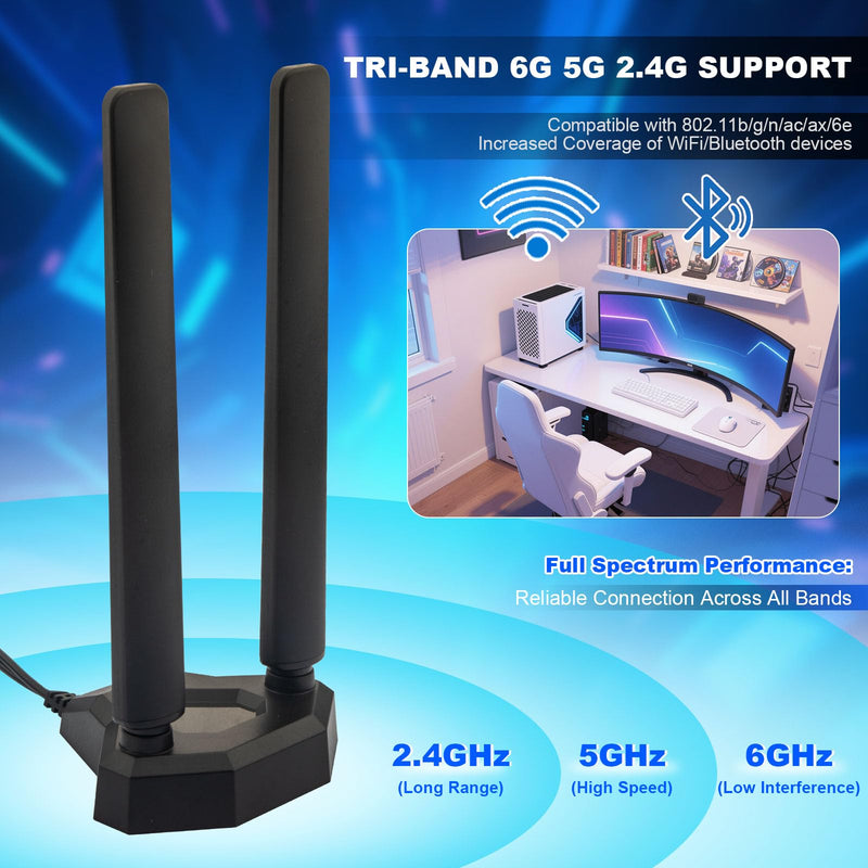 WiFi 6E Antenna Tri-Band 6GHz 5GHz 2.4GHz RP-SMA Gaming WiFi Antenna Magnetic Base with 6.5ft Extension Cable for PC Desktop Computer Motherboard WiFi Bluetooth Card Wireless Router