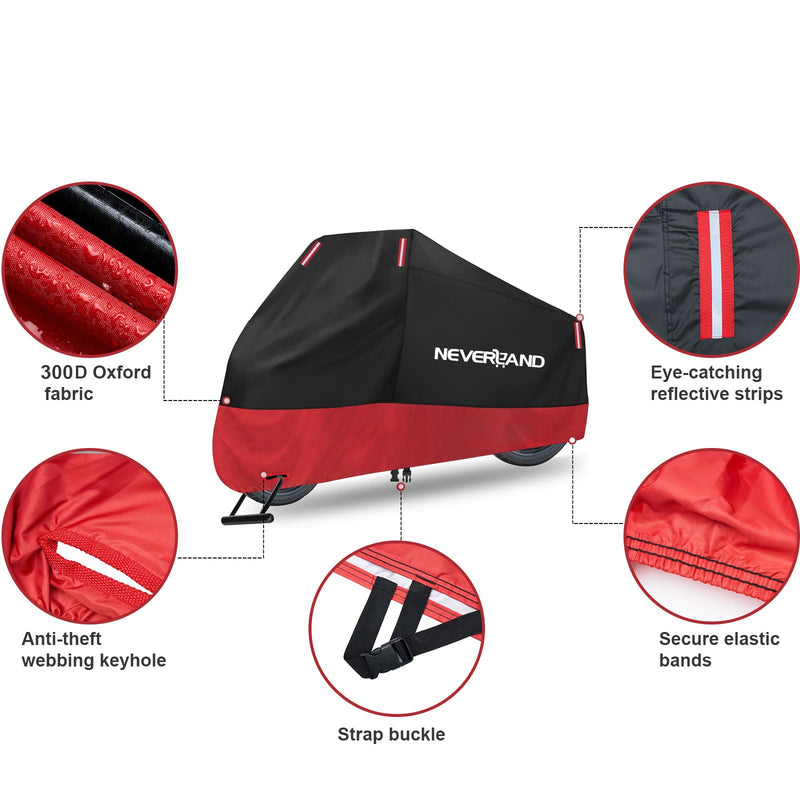 NEVERLAND Motorcycle Cover Waterproof Outdoor, 300D Motorcycle Cover Heavy Duty Outdoor All Season Protection, Universal Motorbike Cover with Night Reflective, Lock-Holes, Storage Bag (Up to 86") L(Up to 86")