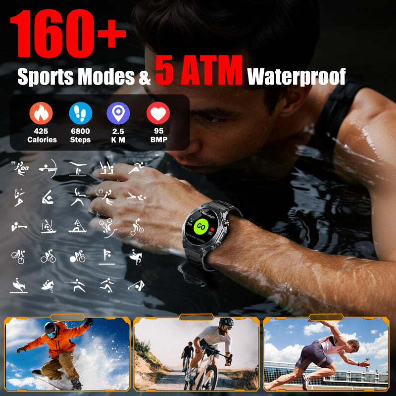 Jugeman Military Smart Watch for Men with Dual-Band GPS, 5ATM Waterproof, 1.43" AMOLED Fitness Watch with Bluetooth Call, Heart Rate Blood Oxygen Sleep Monitor, 160+ Sport Smartwatch for Android iOS Black