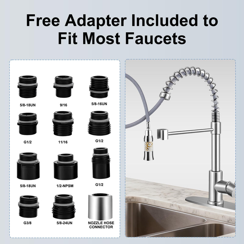 Metal Kitchen Faucet Head Replacement with Filter - Pull Down Spray Head Water Filter for Sink - 2 Modes Sink Sprayer Replacement with 12 Nozzle Adapters - Anti-clogging Design Aerators-32
