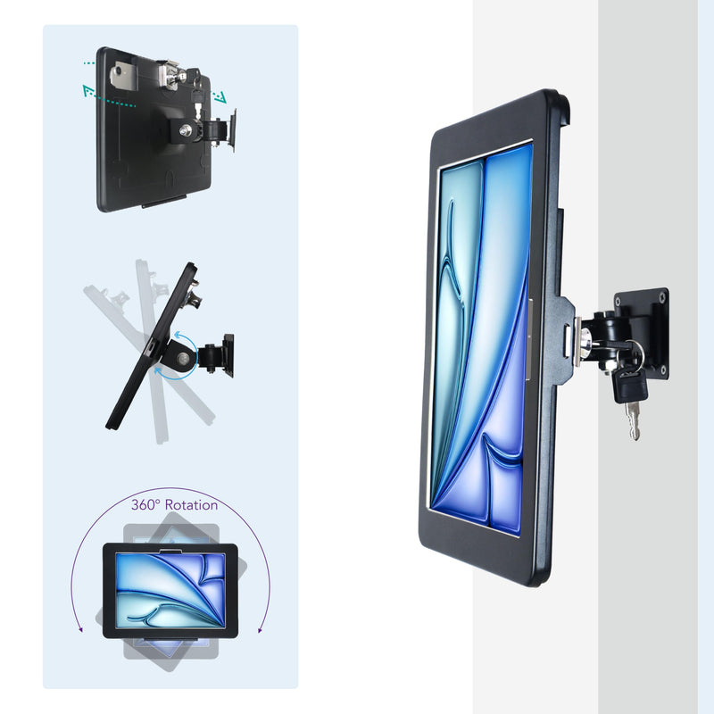 On Wall Mount Bracket for iPad Air 11-inch M3 2025 & M2 2024,(iPad Air 7th/6th Generation),Excluding Other 11",with Lock &Key,Multi Angle Design,Metal,(Black)