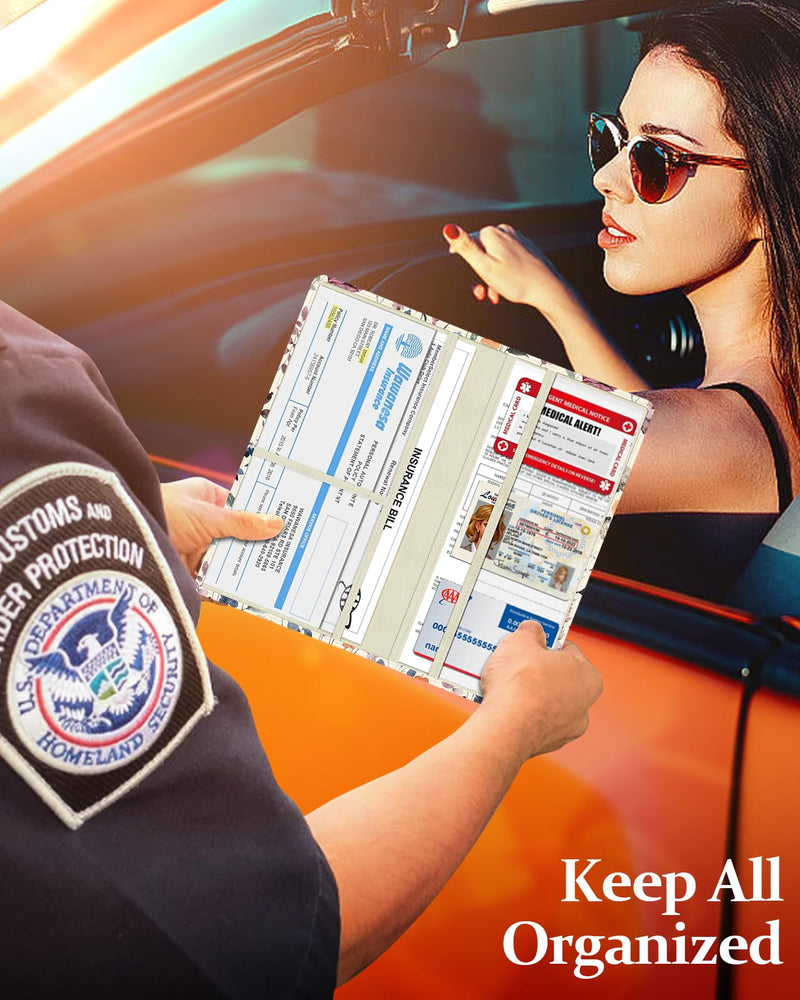 Slohif Car Registration and Insurance Holder - Plant Vehicle Glove Box Organizer Women with Magnetic Shut Leather Automobile License Holders Coasters Auto Accessories Case for Document Watercolor