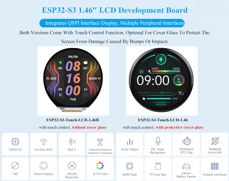 ESP32-S3 1.46inch Round Touch Display Development Board, 412×412 Pixel IPS LCD, Accelerometer and Gyroscope Sensor, Onboard Speaker and Microphone, ESP32 with Display, Supports W-i-F-i & B LE