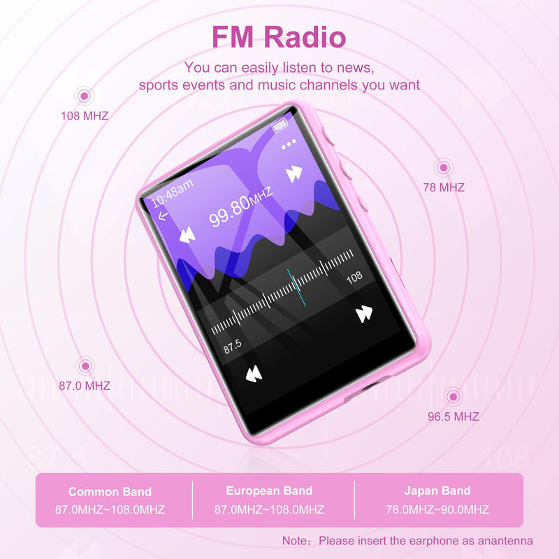 MP3 Player Bluetooth 5.3, SWOFY 64GB Mp3 Music Player with Touch Screen, Portable Digital Audio Player with HD Speaker FM Radio, Recording Support up 128GB Pink