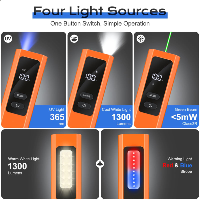 EDC Flashlight 4 in 1 Pocket Magnetic Slim Flat Flashlight High Lumens Work Light with Green Beam & UV Light & Warning Light Combo EDC Rechargeable LT-010 (Orange) Orange