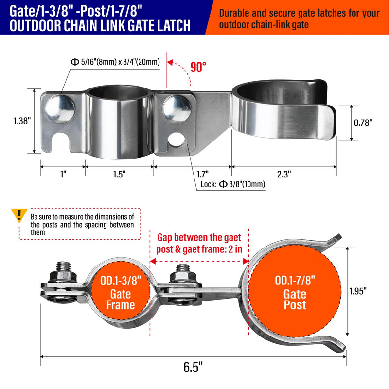 Heavy Duty Stainless Steel 1-3/8" x 1-7/8" Chain Link Fence Gate Fork Latch with Hole for Padlock（Fit 1 3/8" Gate Frame） 1Pack 1-3/8''x1-7/8''-1P