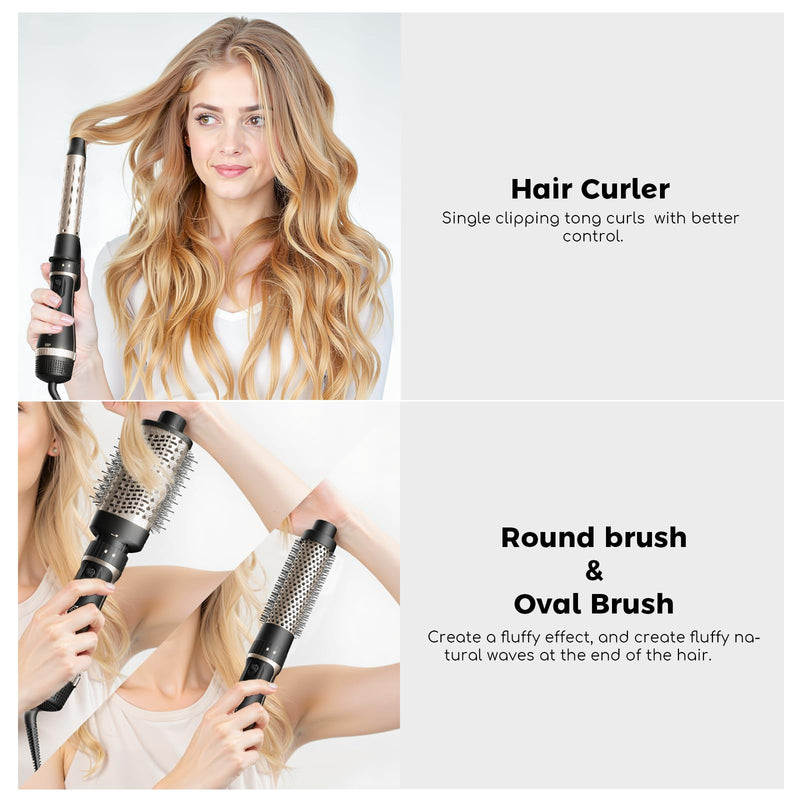 Hair Dryer Brush, 5-in-1 Blow Dry Hair Brush, Multi Hot Air Styler for Drying and Styling Volumizing Curling Sleeking in One Step, Ceramic Coating, Less Frizz, 3 Temperatures, UK Plug, Black Gold