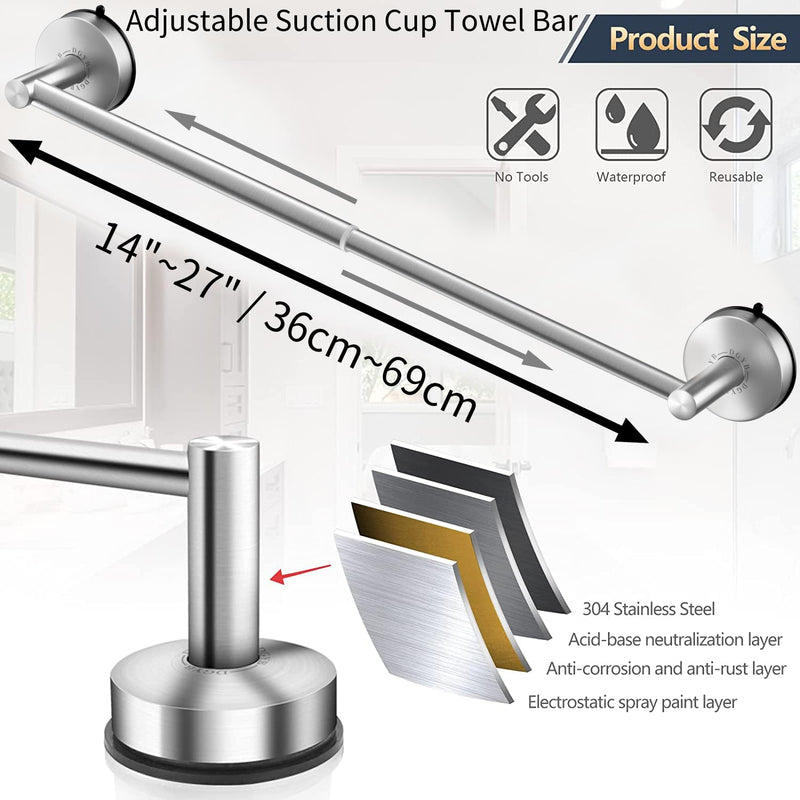 DGYB Adjustable Suction Cup Towel Bar for Bathroom 14 Inch ~ 27 Inch Brushed Nickel Towel Rack Stainless Steel Bath Towel Holder for Glass Shower Door 14"~27" Towel Bar - 1pc/Brushed Nickel