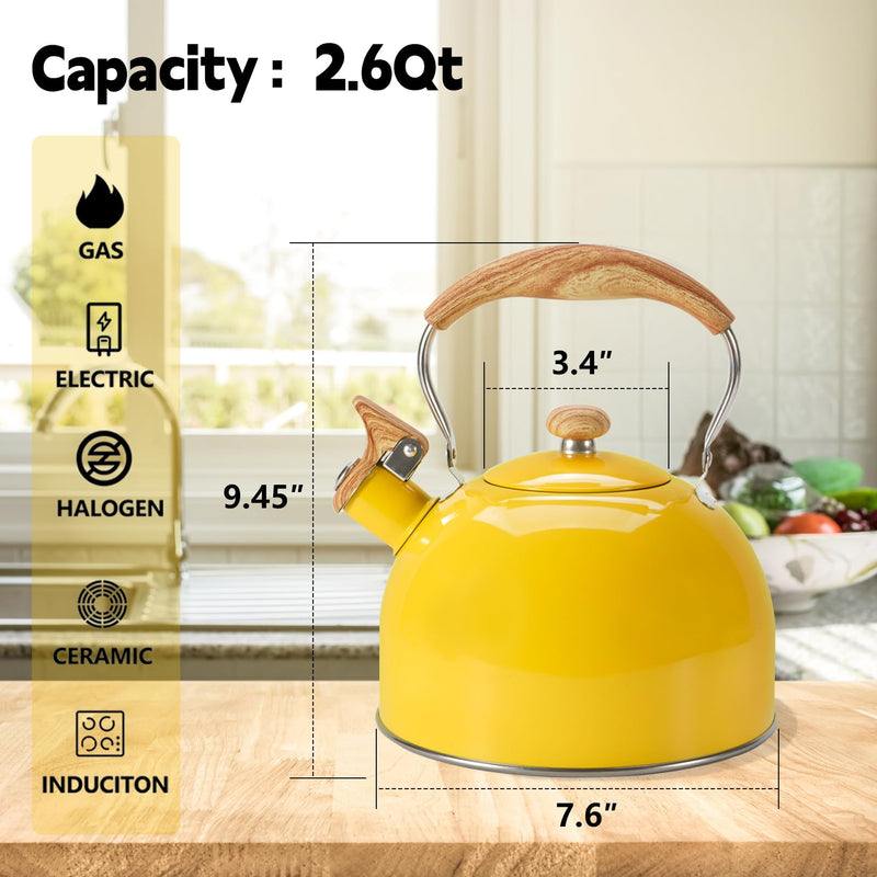 Tea Kettle,Whistling Tea Kettle Stovetop 2.6 Quart, Tea Pots for Stove Top Food Grade Stainless Steel,Wood Pattern Handle(Yellow),With Anti Scald Towel Yellow