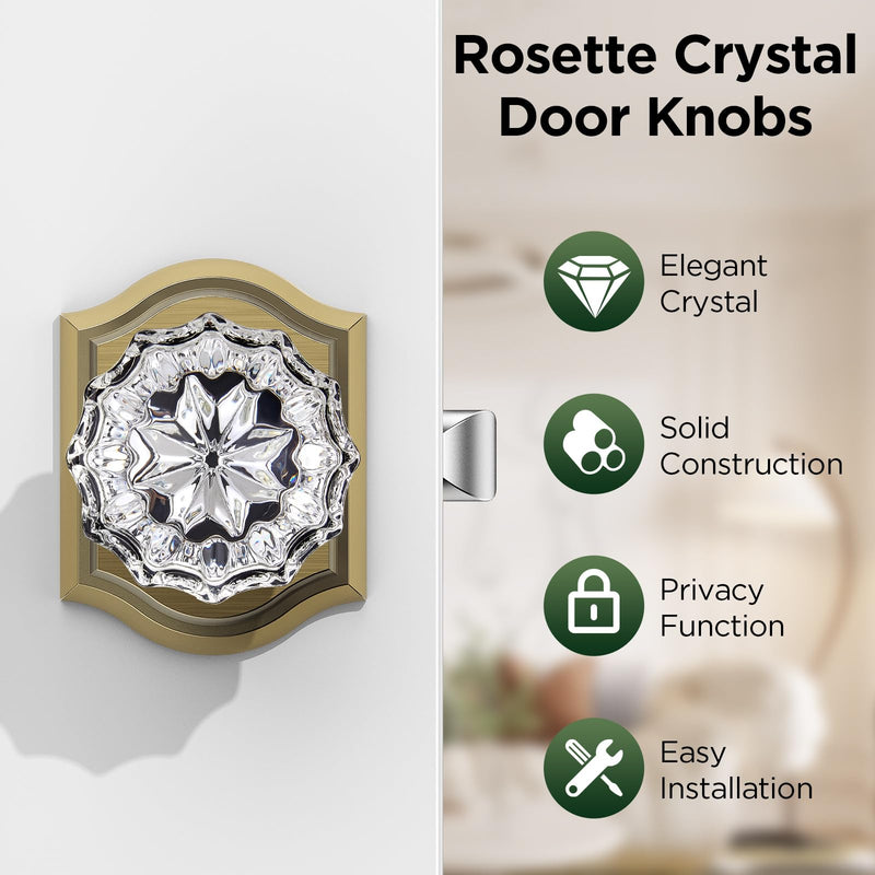 1 Pack Glass Door Knob, Rosette Shaped Crystal Door Knobs with Lock, Antique Brass Door Knobs Interior Glass 1