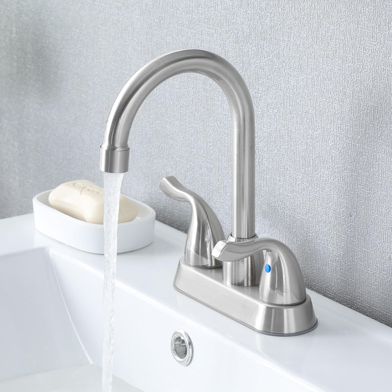 Brushed Nickel Bathroom Sink Faucet, 2 Handle 4 Inch Centerset Bathroom Faucet, 3 Hole Small Bathroom Sink Faucet with Supply Lines and Pop-up Drain, RV faucets for Camper Lavatory Vanity Brushed Nickel Two Handle