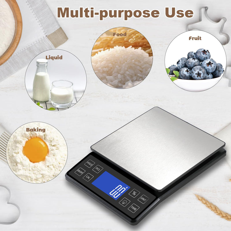 Digital Kitchen Scale with 0.1g/0.001oz High Precision, 5kg/11lb Food Bakery Scale with% Percentage Function, Tare Function, USB Rechargeable or AAA Battery Power, Stainless Steel Pan Black