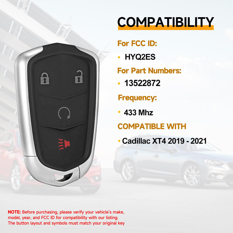 Smart Key Fob Replacement Fits for Cadillac XT4 2019 2020 2021 Car Keyless Entry Control Remote HYQ2ES 13522872 433Mhz