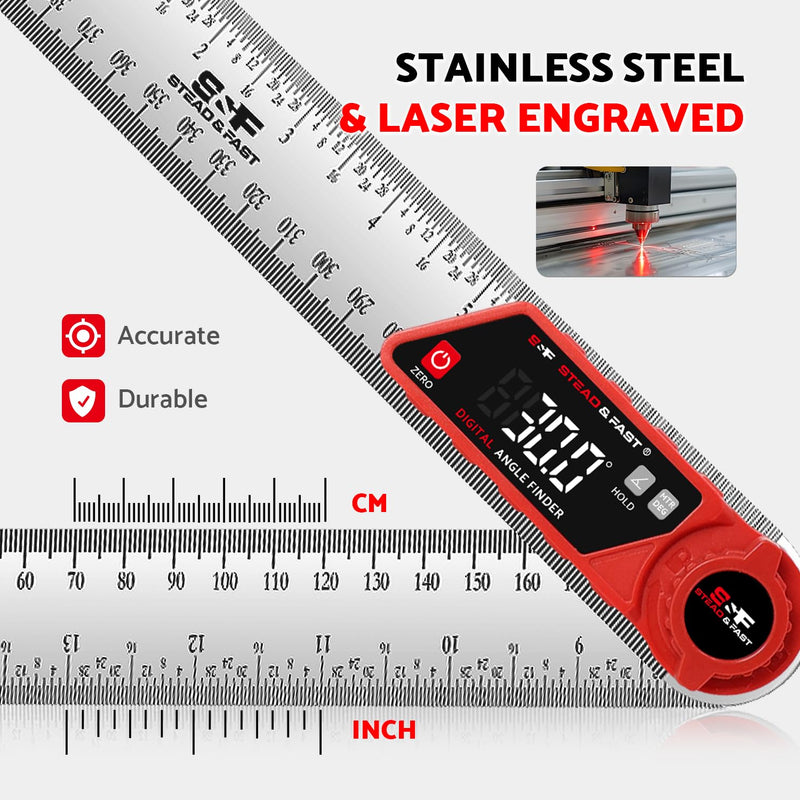 S&F STEAD & FAST Digital Angle Finder with Miter Button, 7 Inch / 200 mm | Secure lock knob, XL LED Display, Stainless steel arms, High-precision, Versatile protractor, for Miter saw & Crown molding Red