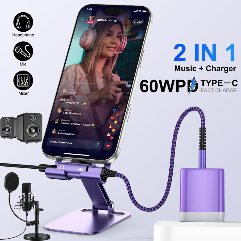 USB C to 3.5mm Audio Adapter 2 in 1 Type-C to Aux Headphone Hi-Res Adapter | with 60W Fast Charger for iPhone 17e/17 Pro Max/16e/16/15 Pro Max/Samsung Galaxy S26 Ultra/S25/S24/S23/S22/S21/S20/A17/A16 Purple