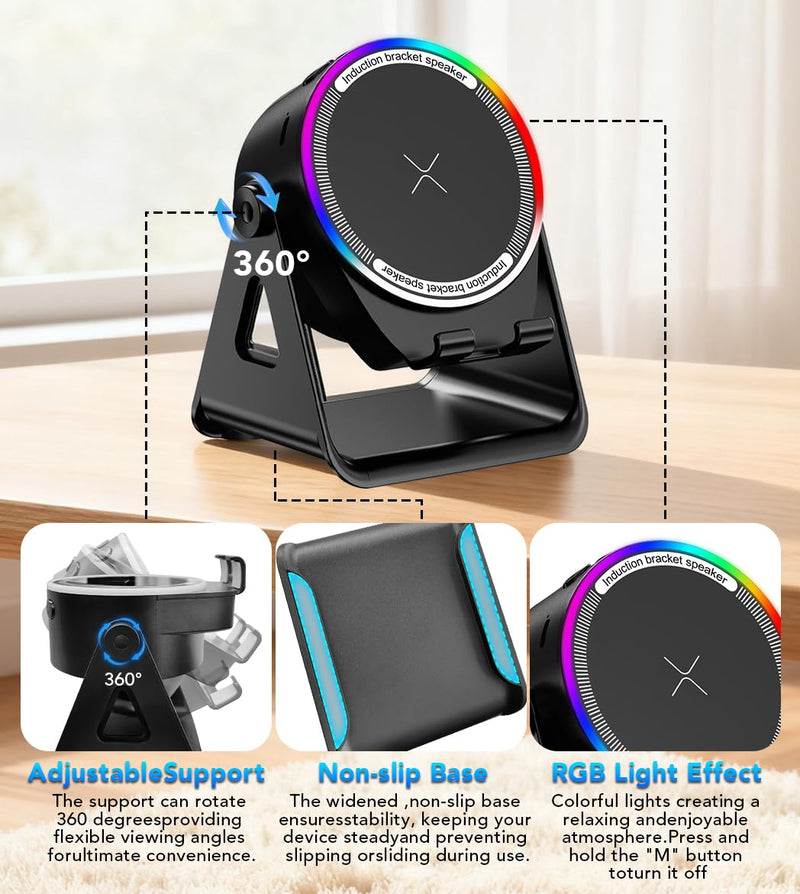 Bluetooth Speaker, 4-in-1 Wireless Induction Speaker & RGB Light Stand Multi-Functional Phone Stand Instant-Connect Stereo Sound, 360° Adjustable Holder for iPhone/Android/iPad/Samsung