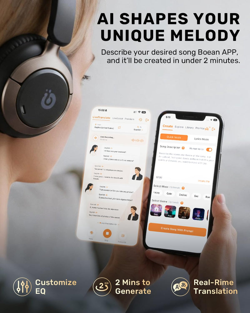 Boean Active Noise Cancelling Headphones, Bluetooth 6.0 Wireless Over Ear Headphones with 120H Playtime, 360° Spatial Audio & 5 ENC Mics, Soft Memory Foam, Transparency Mode for Office Travel Gaming Black