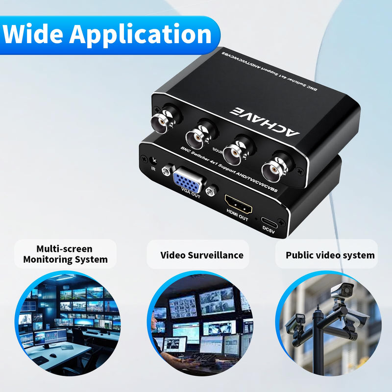 ACHAVE 4x1 BNC Switcher, Supports AHD/TVI/CVI/CVBS Signals, Simultaneous HDMI + VGA Output, 4-Channel Video Switcher for CCTV Camera/Monitor