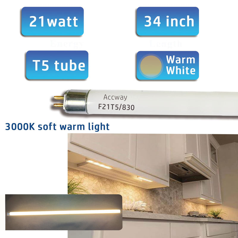 6pack F21T5/830 21Watt 34 inch Fluorescent Light Bulb, T5 3000K Soft White Linear Tube, F21T5/21W/830 Warm White Replacement for Under Counter Fixture 34inch