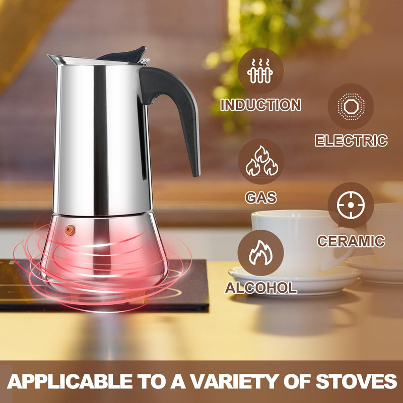 6 Cup Stovetop Espresso Maker Stainless Steel Moka Pot Stove Top Percolator Italian Coffee Makers Capable Mocha Greca Machine Cafe Classic Induction Cookers for Home and Camping 300ml 10oz 6 Cup