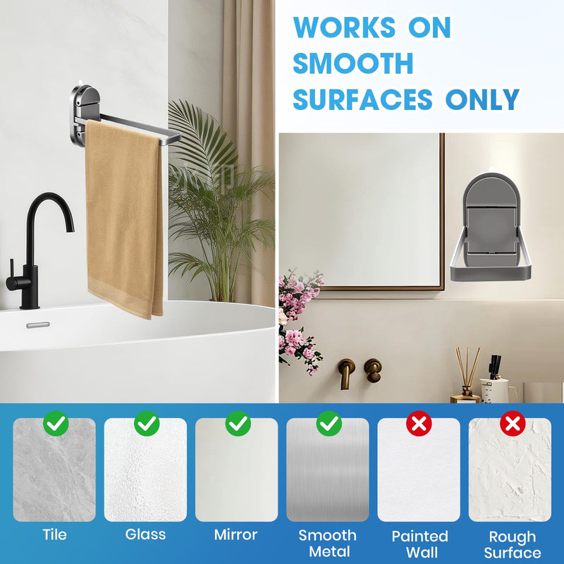 Foldable Suction Towel Bar, No Drill Stainless Steel | Heavy-duty bathroom towel holder for towels and robes. Fits tile, glass, mirrors & RV. Reusable, rustproof and residue-free Silver Black