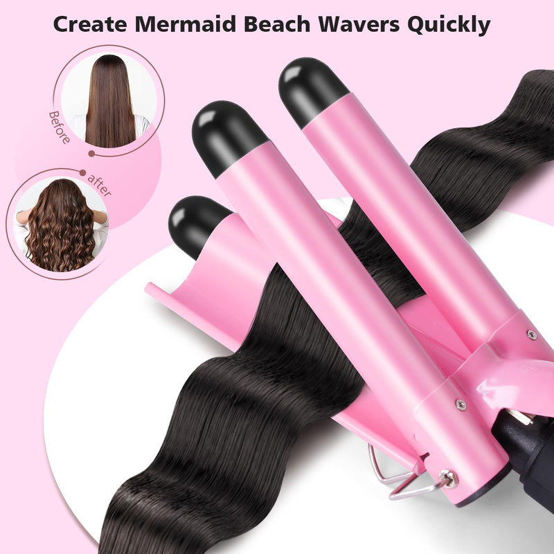  [AUSTRALIA] - 3 Barrels Hair Waver, 25mm Curling Iron, Beach Mermaid Waves Hair Crimper | Curling Tongs, Hair Curler with 2 Temperature Control Quick Heating, Waver Curling Wand for Long or Short Styling Pink
