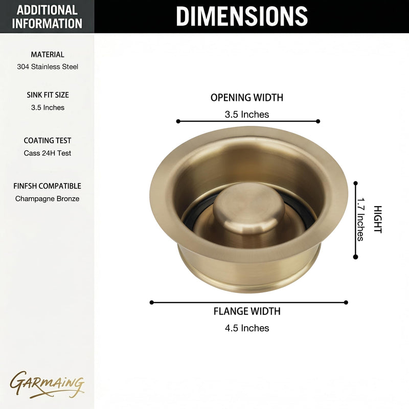Champagne Bronze Sink Garbage Disposal Flange and Stopper for Kitchen - Fit 3.5" Standard Sink - 304 Stainless Steel Champagne Brushed Gold Brass - Compatible with Delta Faucet