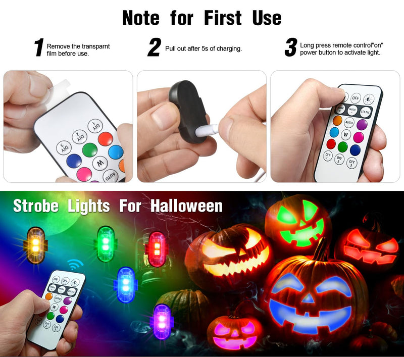 4PCS Wireless LED Strobe Lights with Remote Control, 8 Colors Rechargeable Led Lights Anti-Collision LED Emergency Warning Lights for Car Motorcycle Bike Drone Aircraft 4pcs